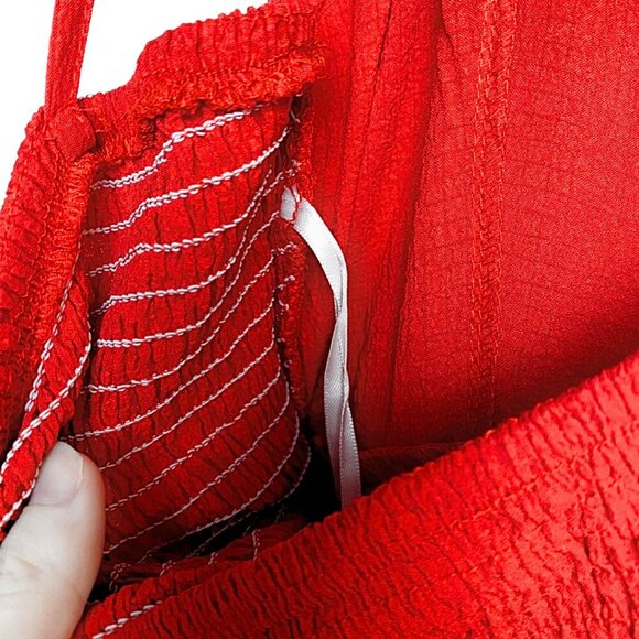 💚 Red Tiered Smocked Strappy Summer Mini Dress with Ruffles and Textured Fabric - Picture 6 of 7